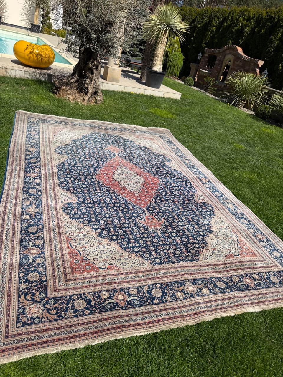 Persian Rug Isfahan 360x260 cm, blue red, wool silk, Iran - 313825