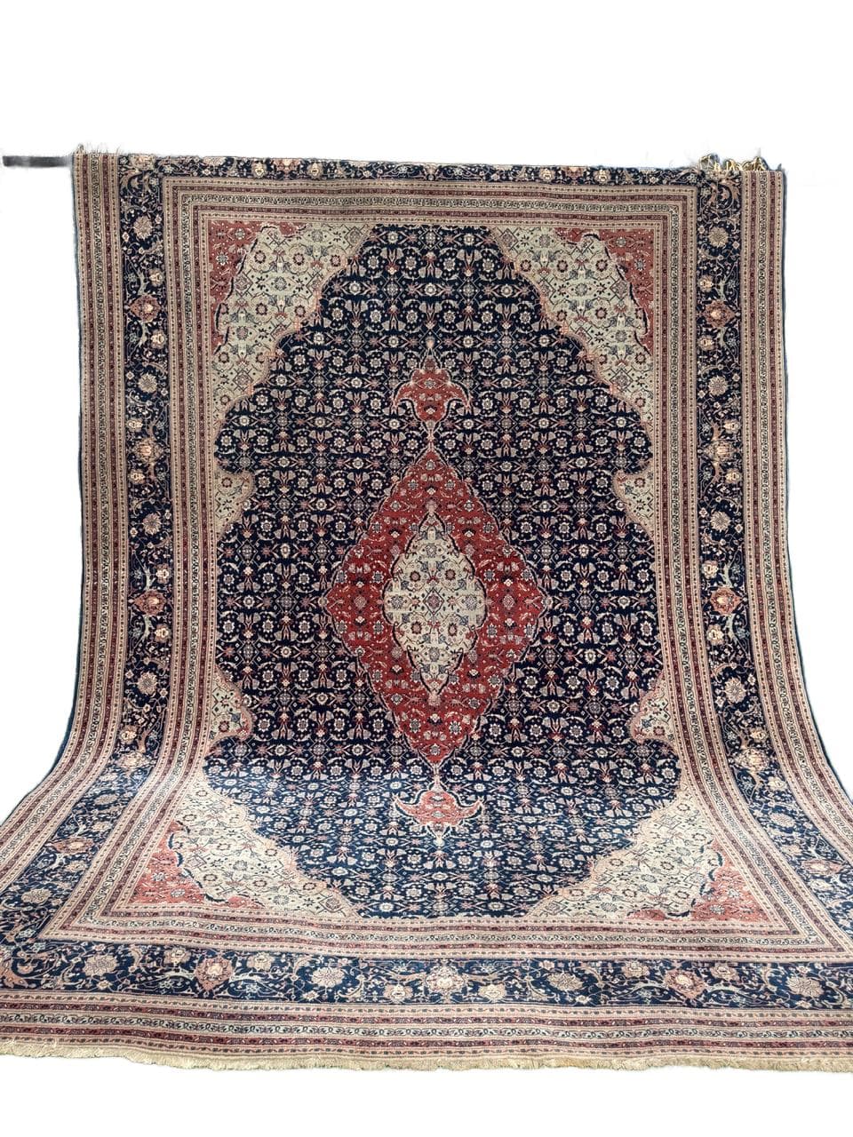 Persian Rug Isfahan 360x260 cm, blue red, wool silk, Iran
