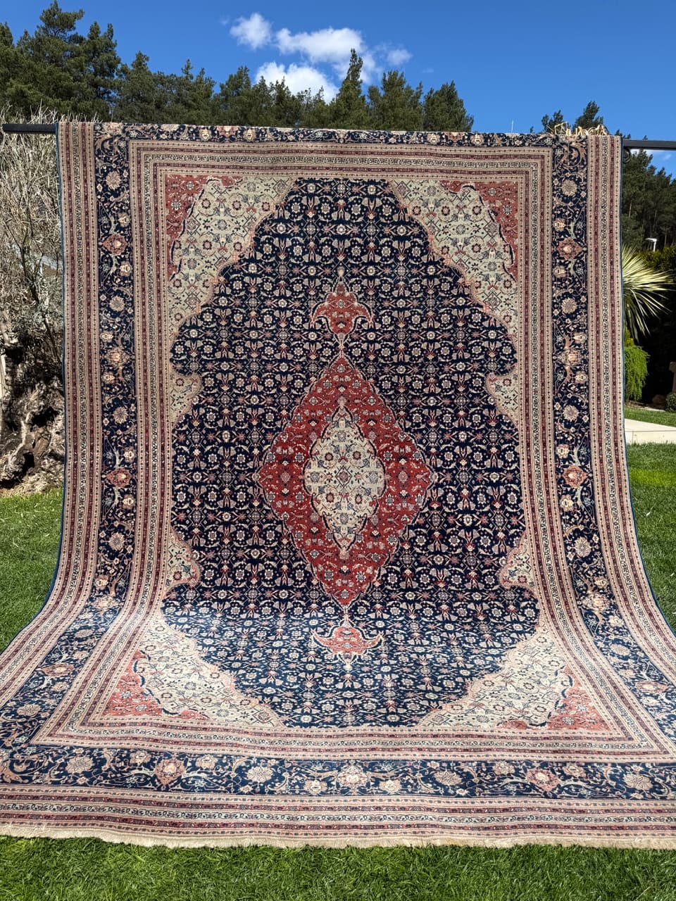 Persian Rug Isfahan 360x260 cm, blue red, wool silk, Iran - 313824