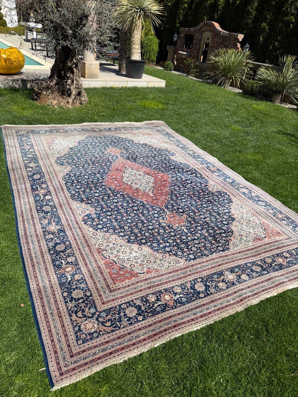 Persian Rug Isfahan 360x260 cm, blue red, wool silk, Iran - 313830