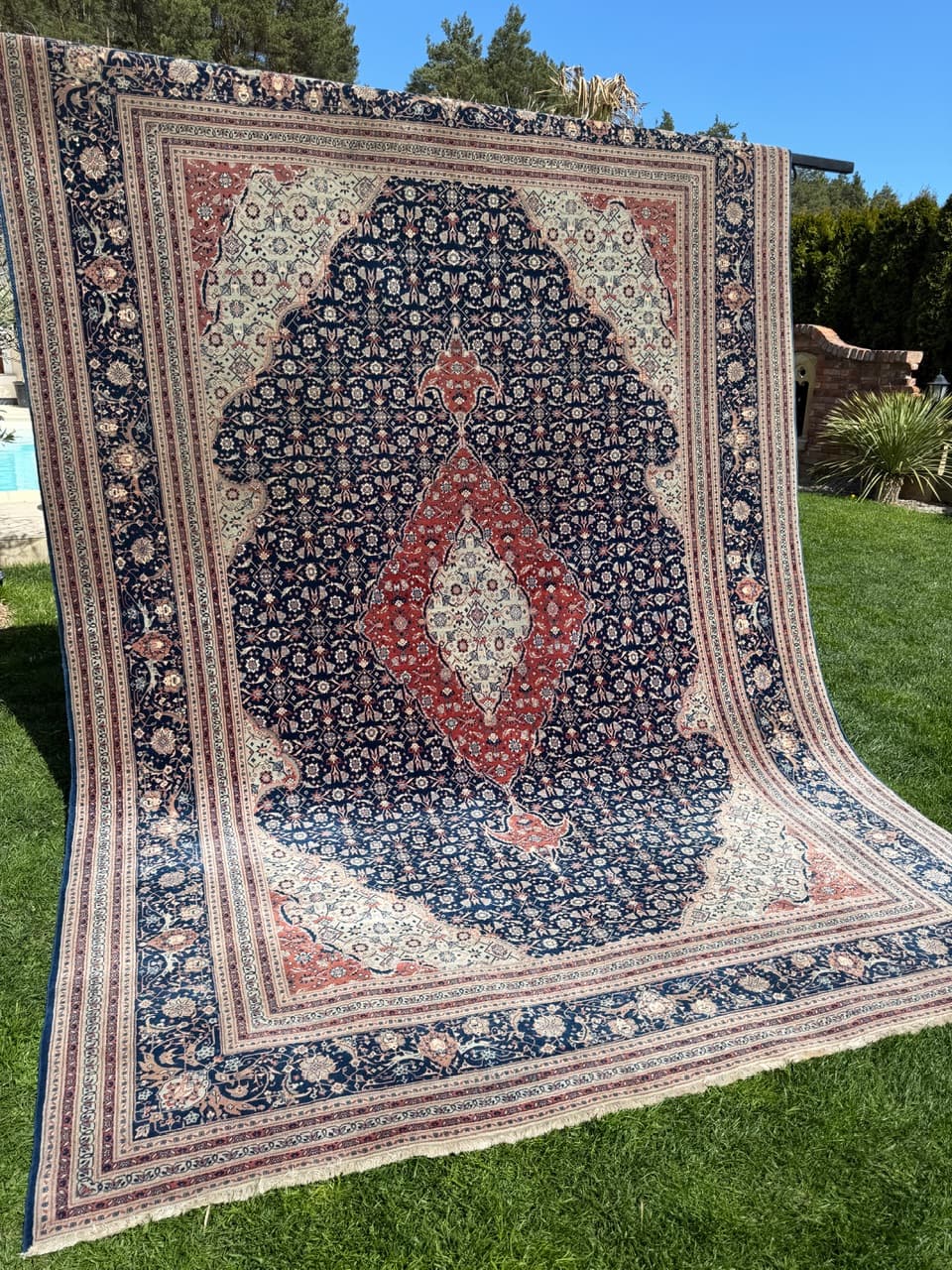 Persian Rug Isfahan 360x260 cm, blue red, wool silk, Iran - 313829