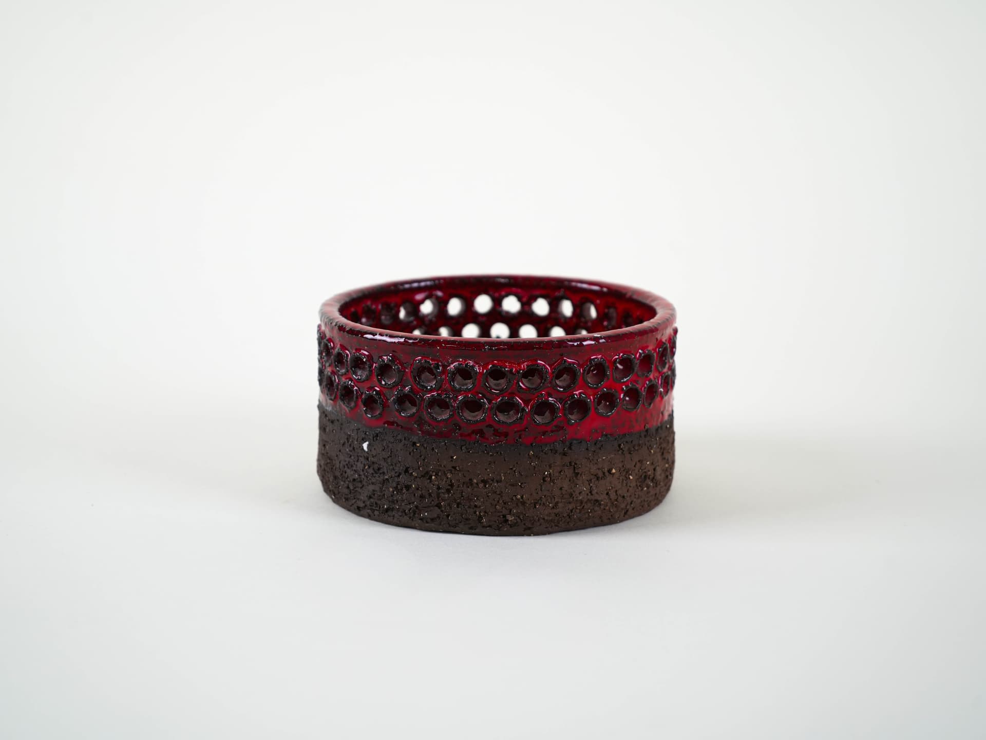 Candle holder, brown ceramic, red, Denmark, 1960s. - 313864