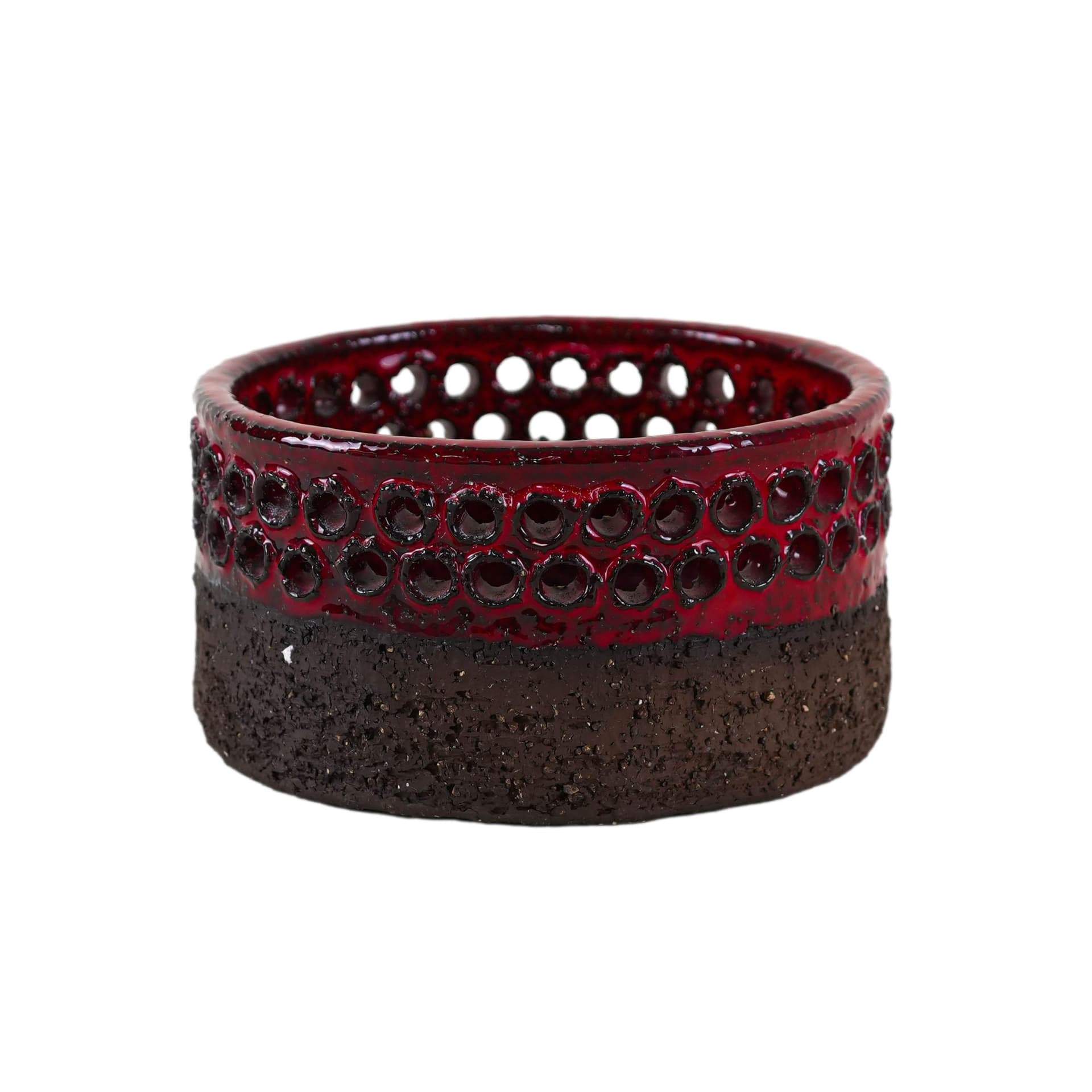 Candle holder, brown ceramic, red, Denmark, 1960s.