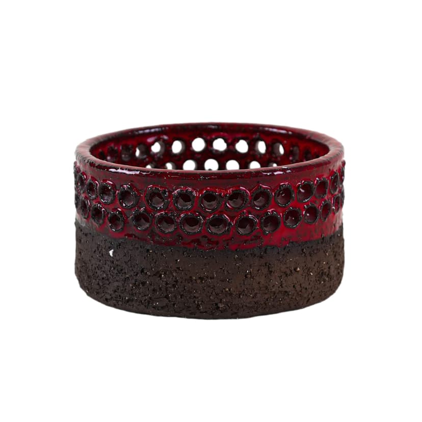 Candle holder, brown ceramic, red, Denmark, 1960s.