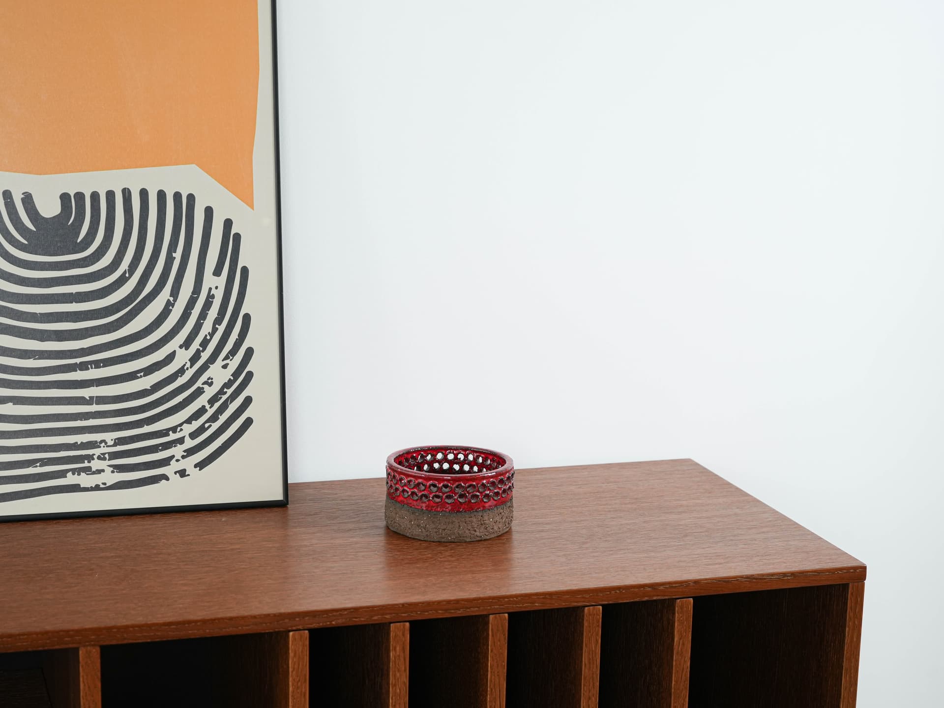 Candle holder, brown ceramic, red, Denmark, 1960s. - 313866