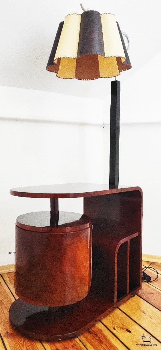 Floor lamp with side table, brown wood, black metal, by J. Halabala, UP Závody, Czechoslovakia, 1960s. - 314067