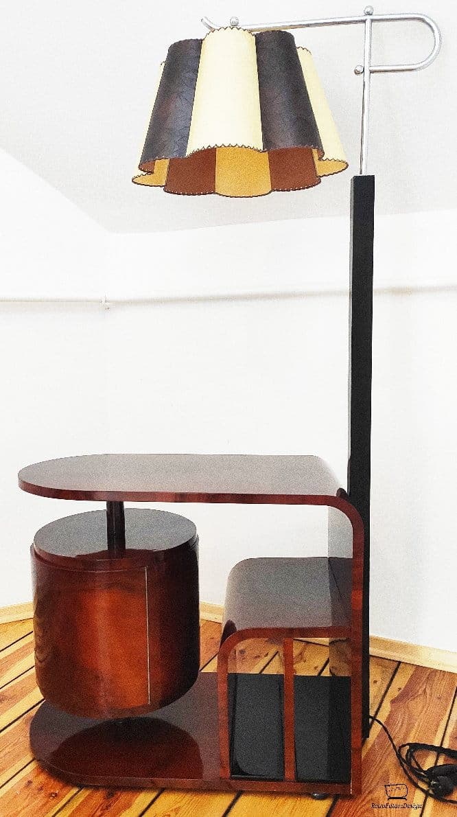 Floor lamp with side table, brown wood, black metal, by J. Halabala, UP Závody, Czechoslovakia, 1960s. - 314066