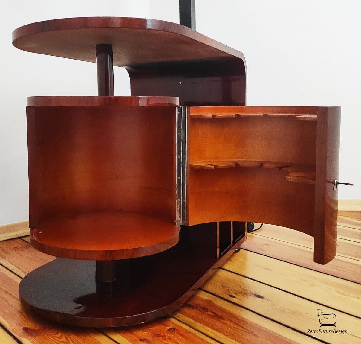 Floor lamp with side table, brown wood, black metal, by J. Halabala, UP Závody, Czechoslovakia, 1960s. - 314073