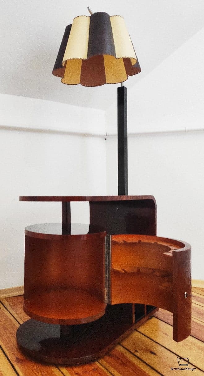 Floor lamp with side table, brown wood, black metal, by J. Halabala, UP Závody, Czechoslovakia, 1960s. - 314072