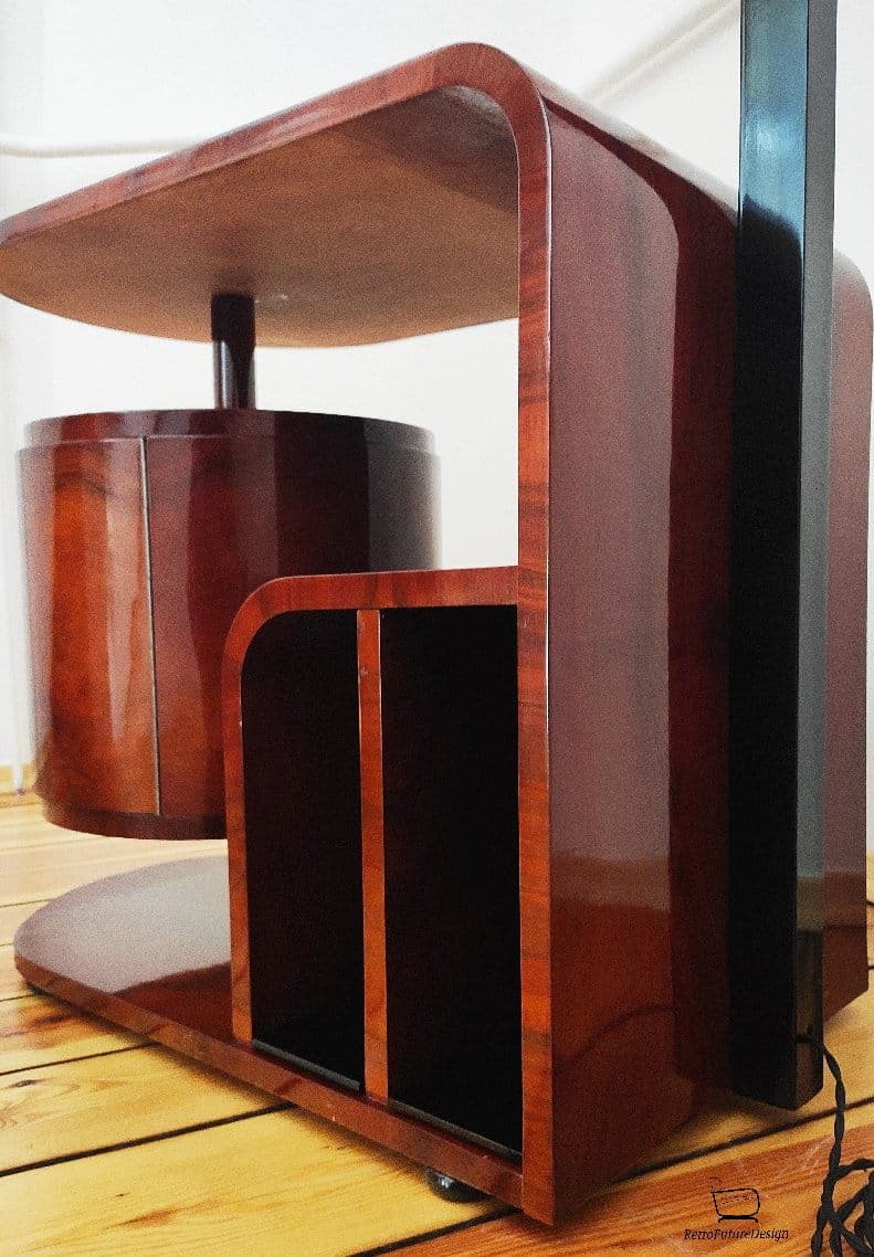 Floor lamp with side table, brown wood, black metal, by J. Halabala, UP Závody, Czechoslovakia, 1960s. - 314068