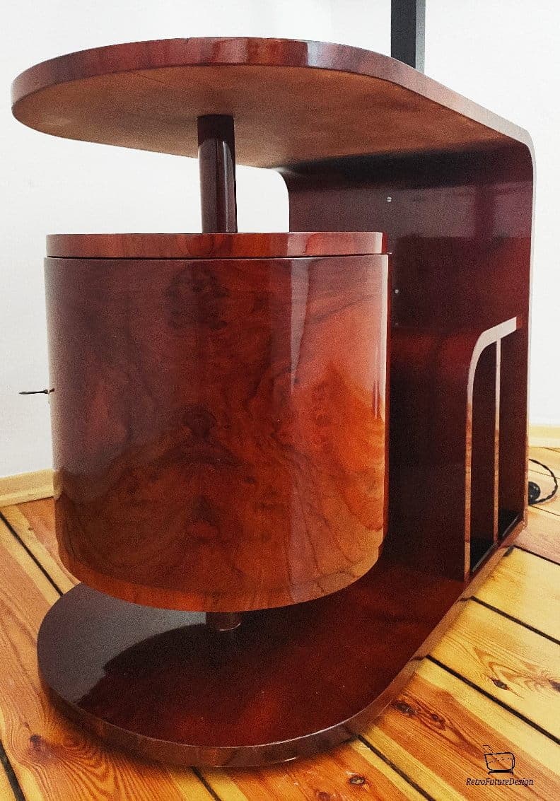 Floor lamp with side table, brown wood, black metal, by J. Halabala, UP Závody, Czechoslovakia, 1960s. - 314069