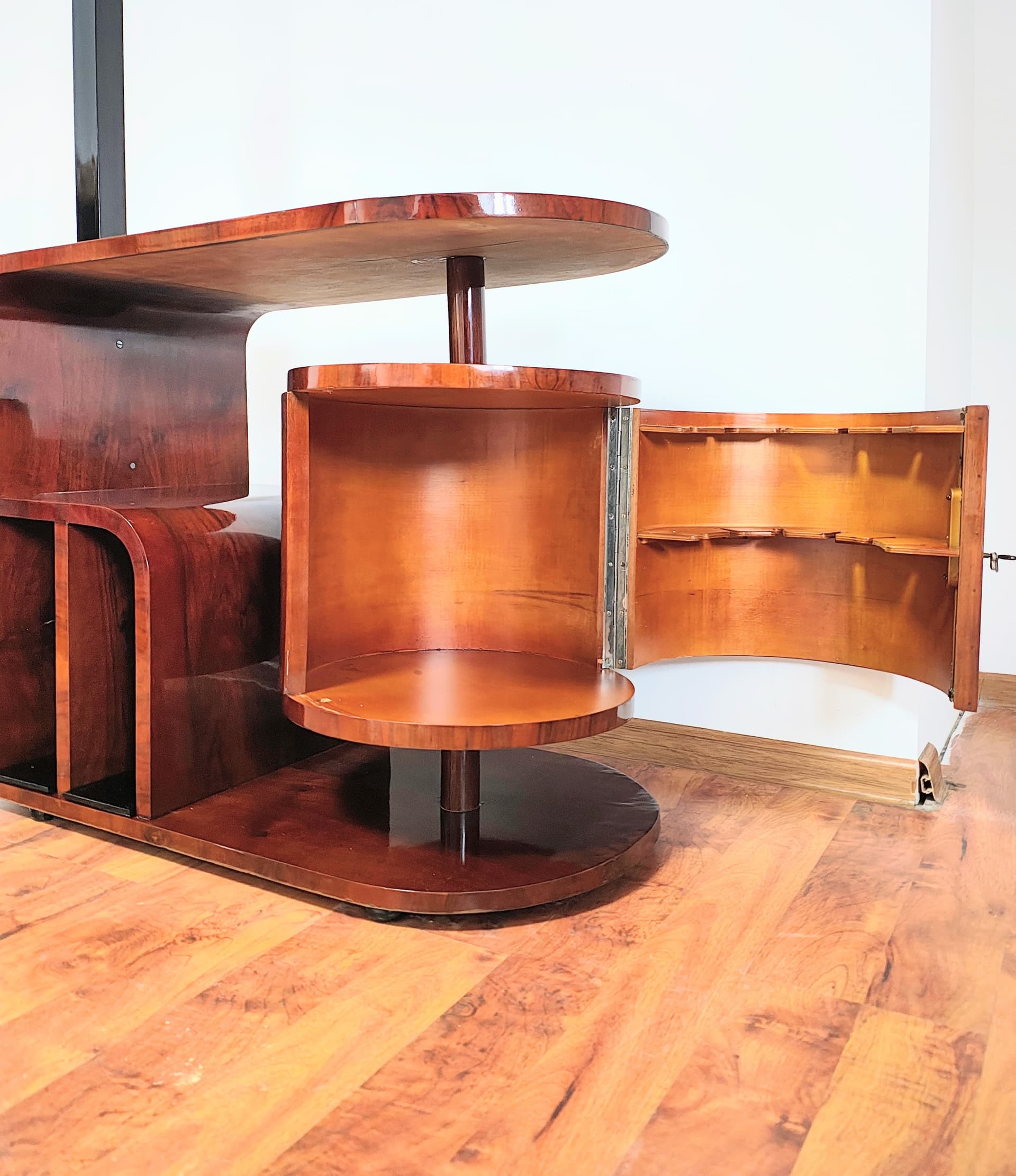 Floor lamp with side table, brown wood, black metal, by J. Halabala, UP Závody, Czechoslovakia, 1960s. - 314078