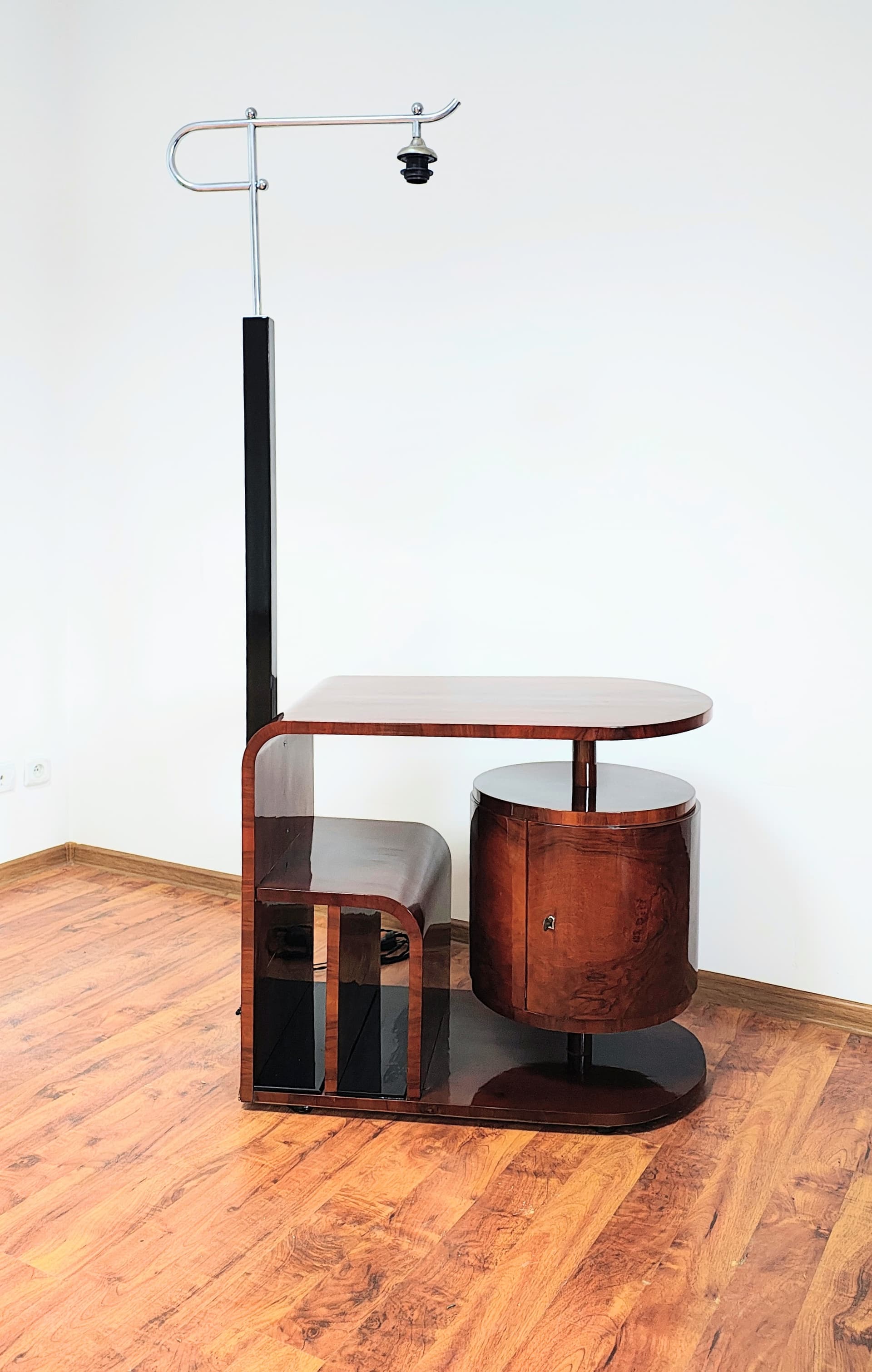 Floor lamp with side table, brown wood, black metal, by J. Halabala, UP Závody, Czechoslovakia, 1960s. - 314076