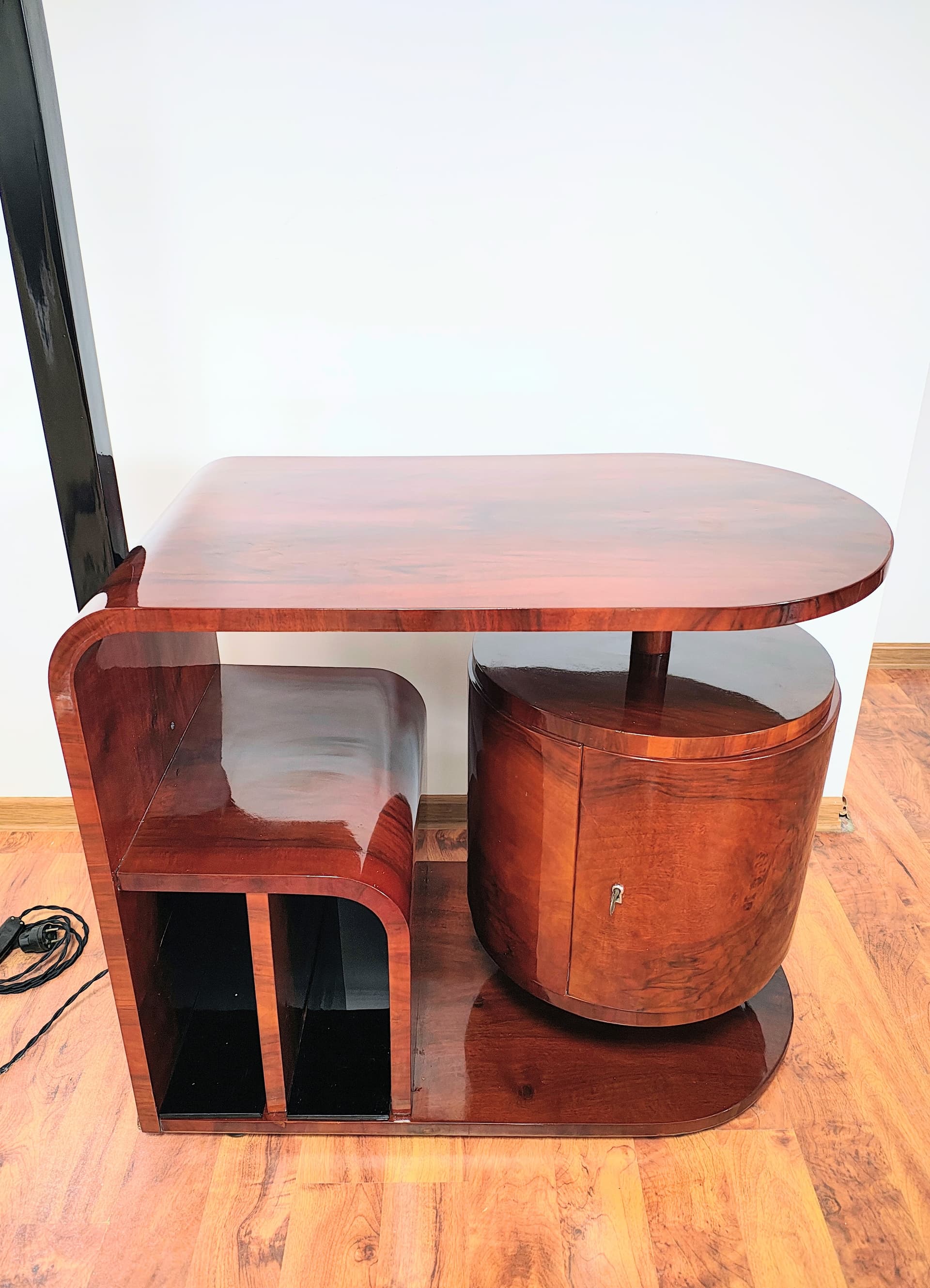Floor lamp with side table, brown wood, black metal, by J. Halabala, UP Závody, Czechoslovakia, 1960s. - 314079