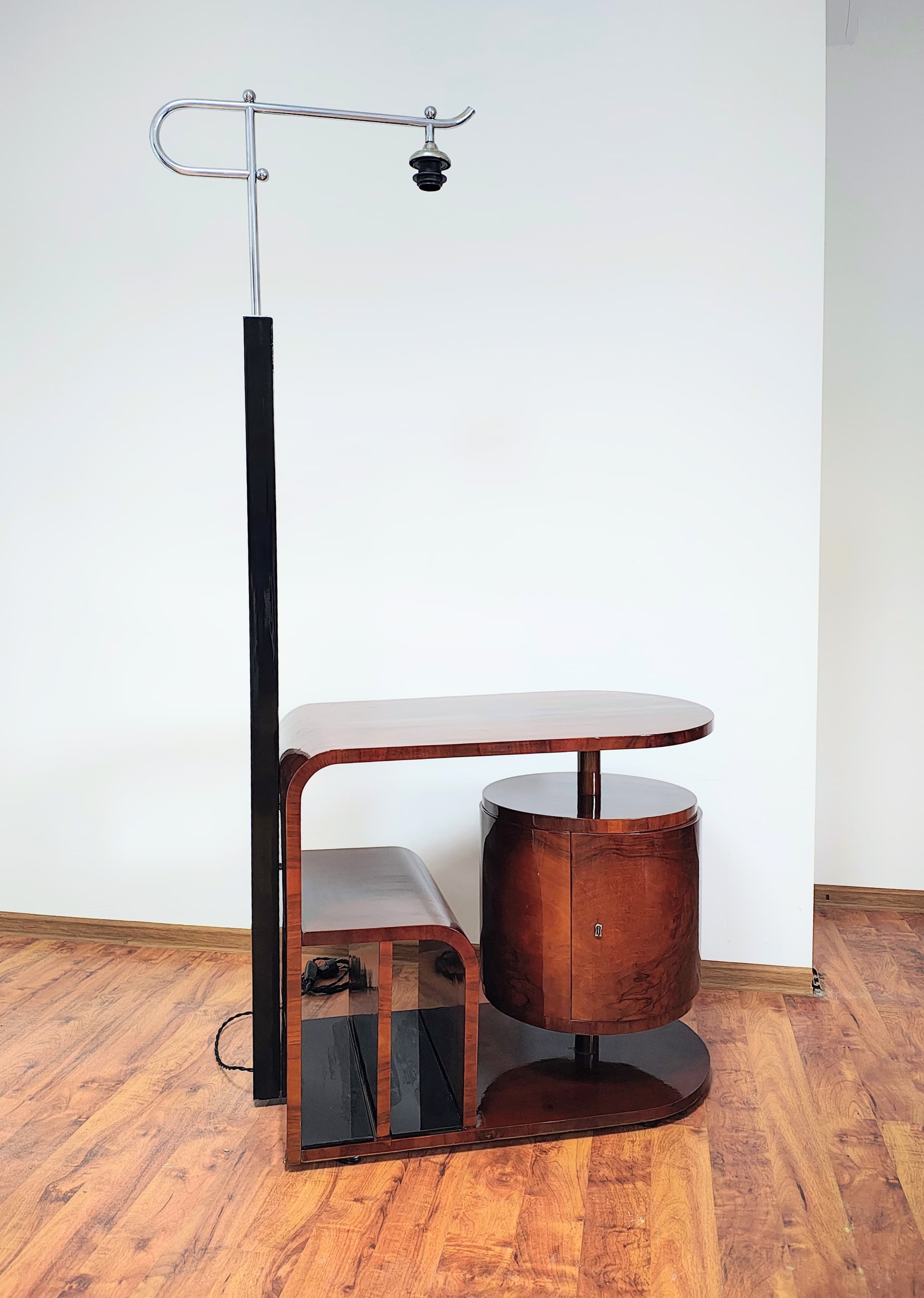 Floor lamp with side table, brown wood, black metal, by J. Halabala, UP Závody, Czechoslovakia, 1960s. - 314075