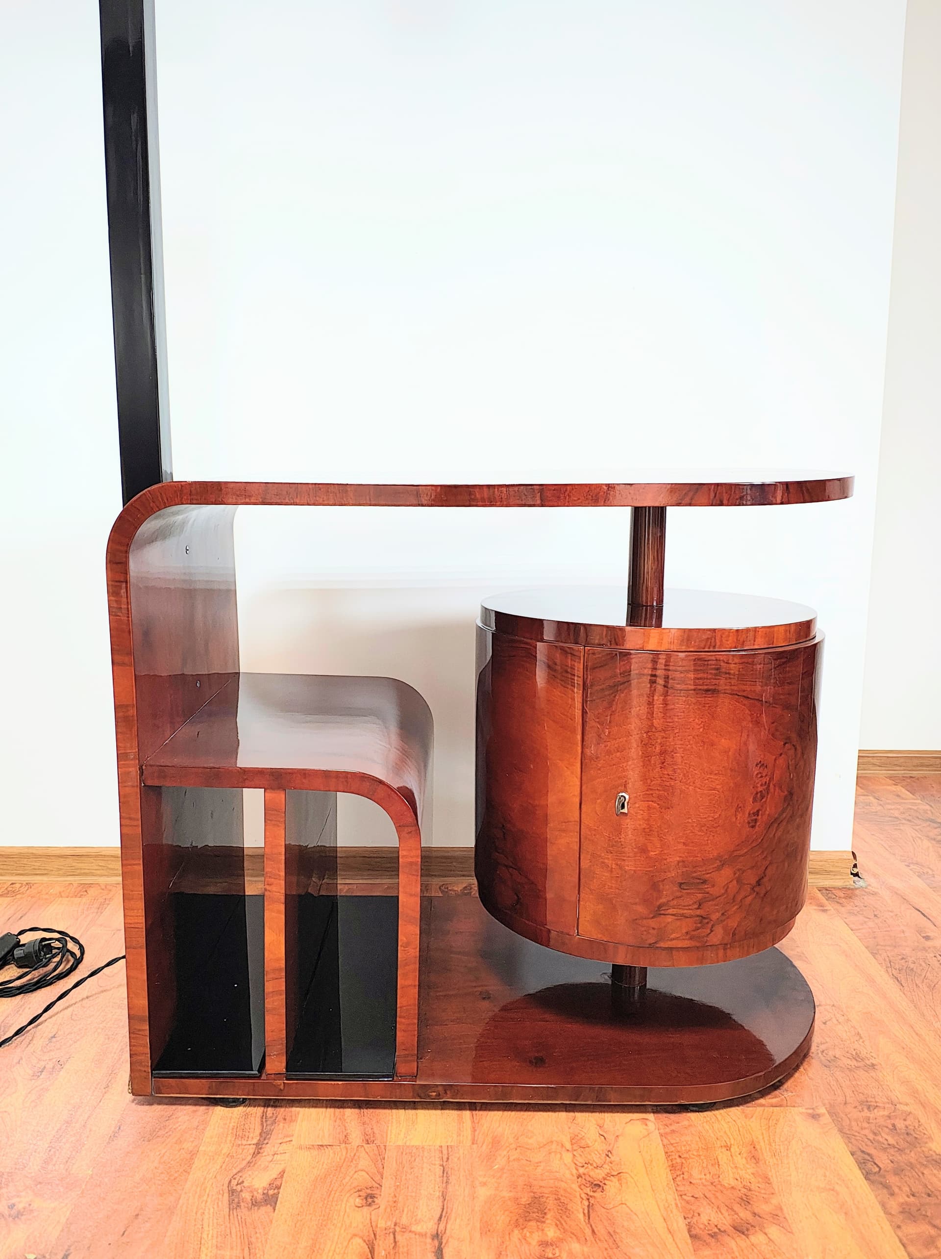 Floor lamp with side table, brown wood, black metal, by J. Halabala, UP Závody, Czechoslovakia, 1960s. - 314077