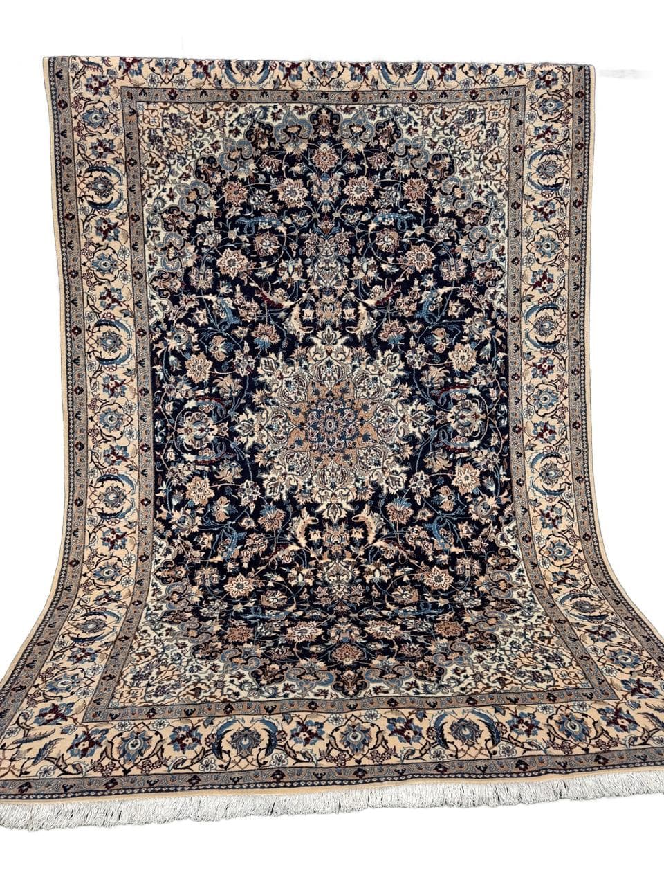 Persian Rug Nain 315x210 cm, navy blue, wool and silk, Iran