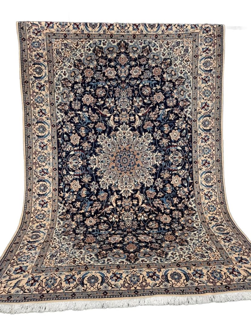 Persian Rug Nain 315x210 cm, navy blue, wool and silk, Iran