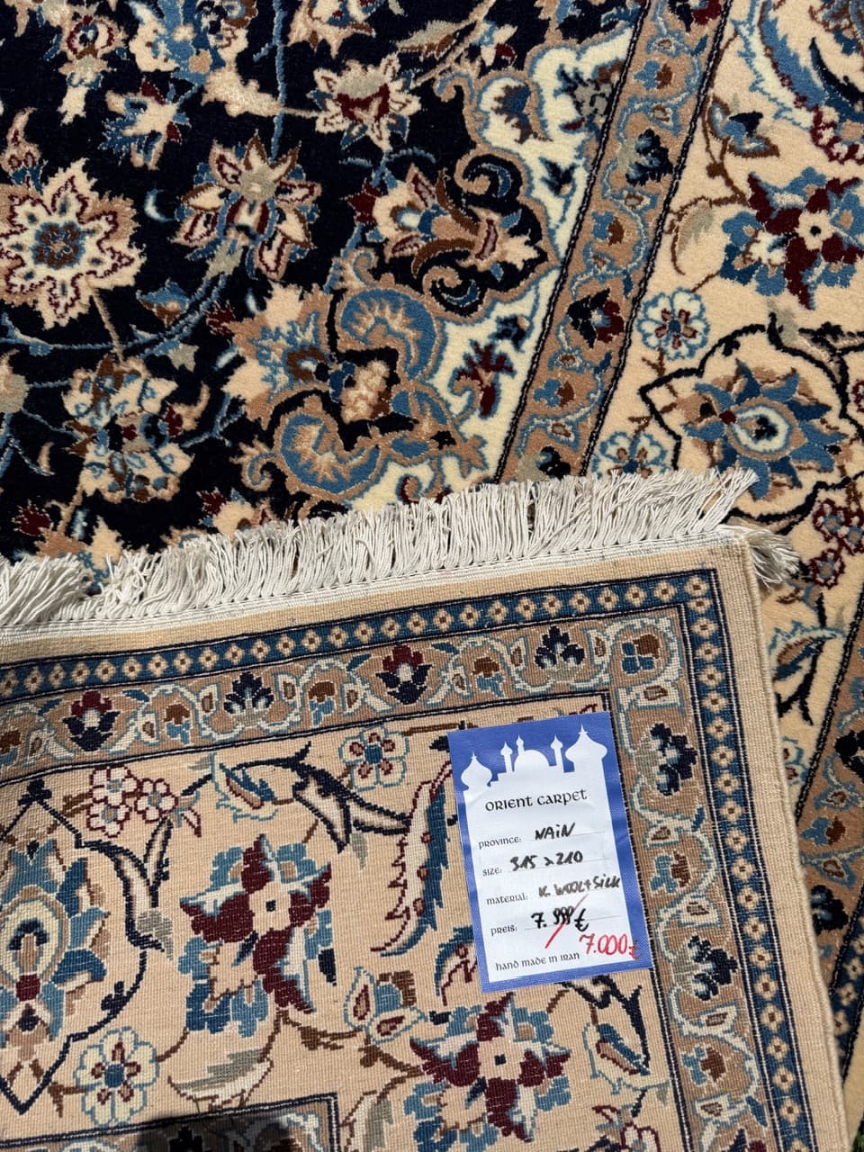 Persian Rug Nain 315x210 cm, navy blue, wool and silk, Iran - 314184