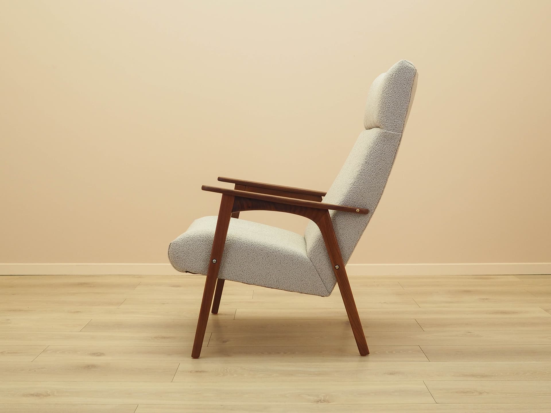 Fotel, teak brązowy, tkanina szara, Dania, lata 70. - 314539