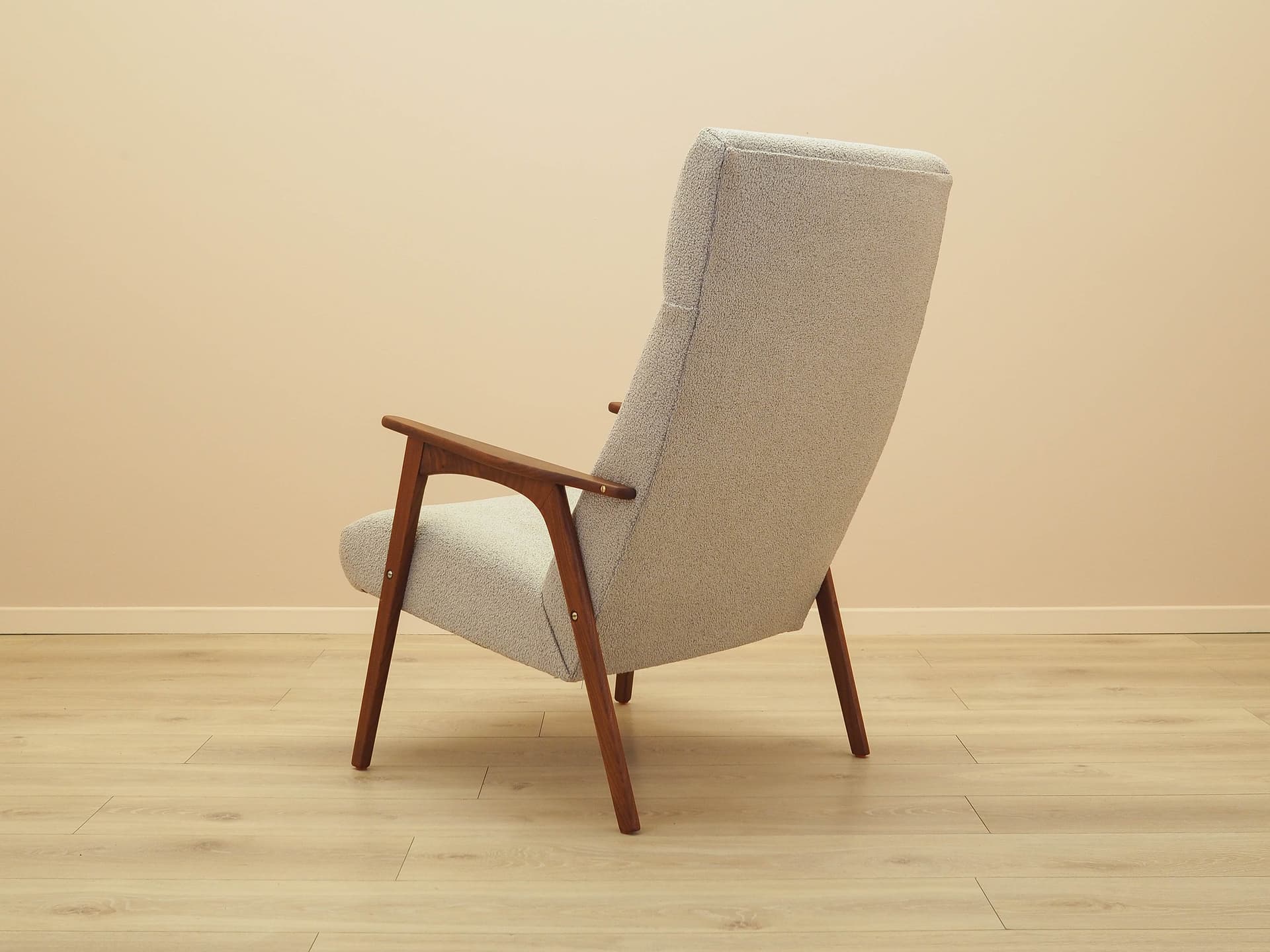 Fotel, teak brązowy, tkanina szara, Dania, lata 70. - 314540