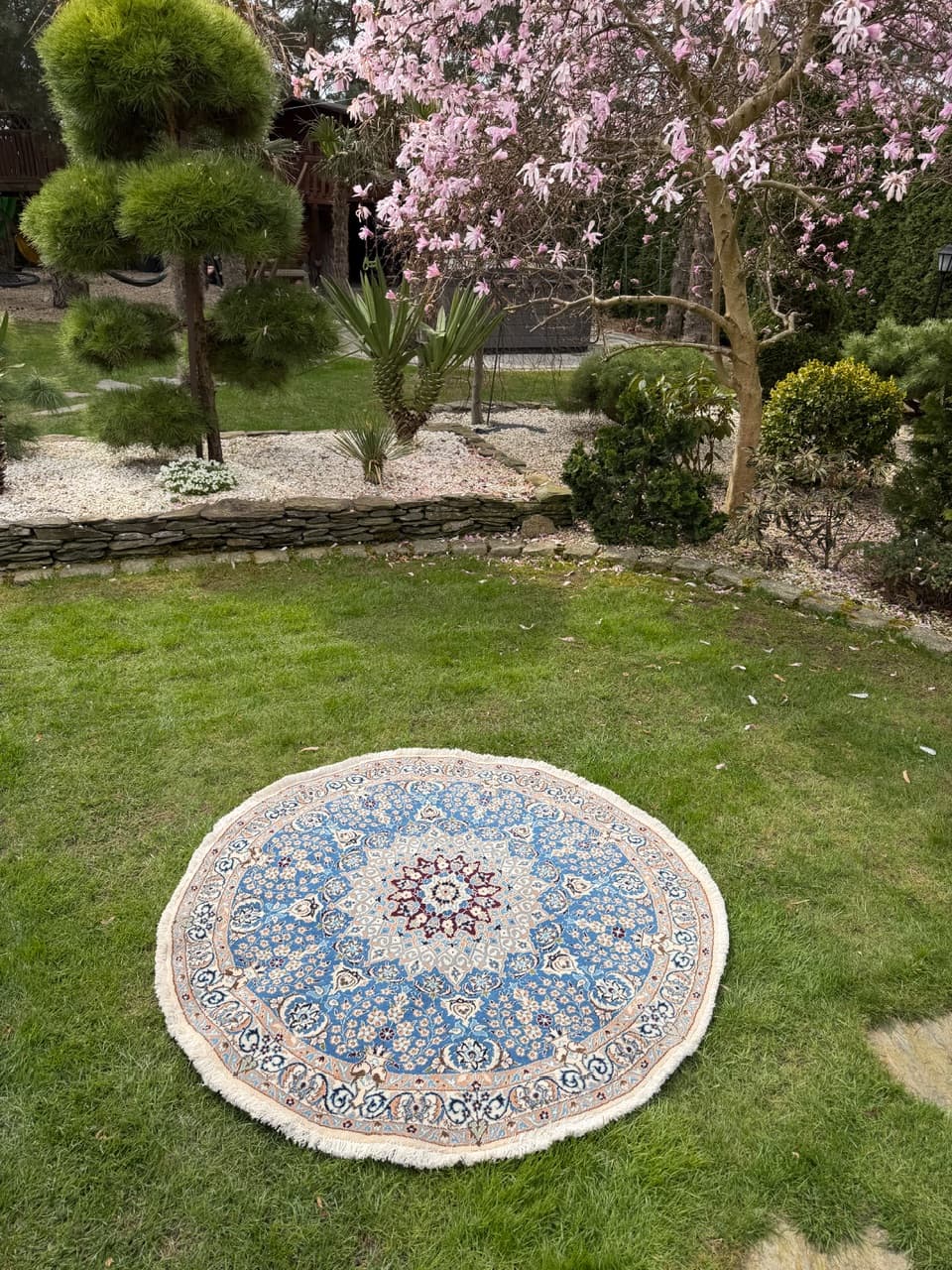 Rug Round Nain 140x140 cm, blue, Kashmiri wool, silk, Iran - 314616