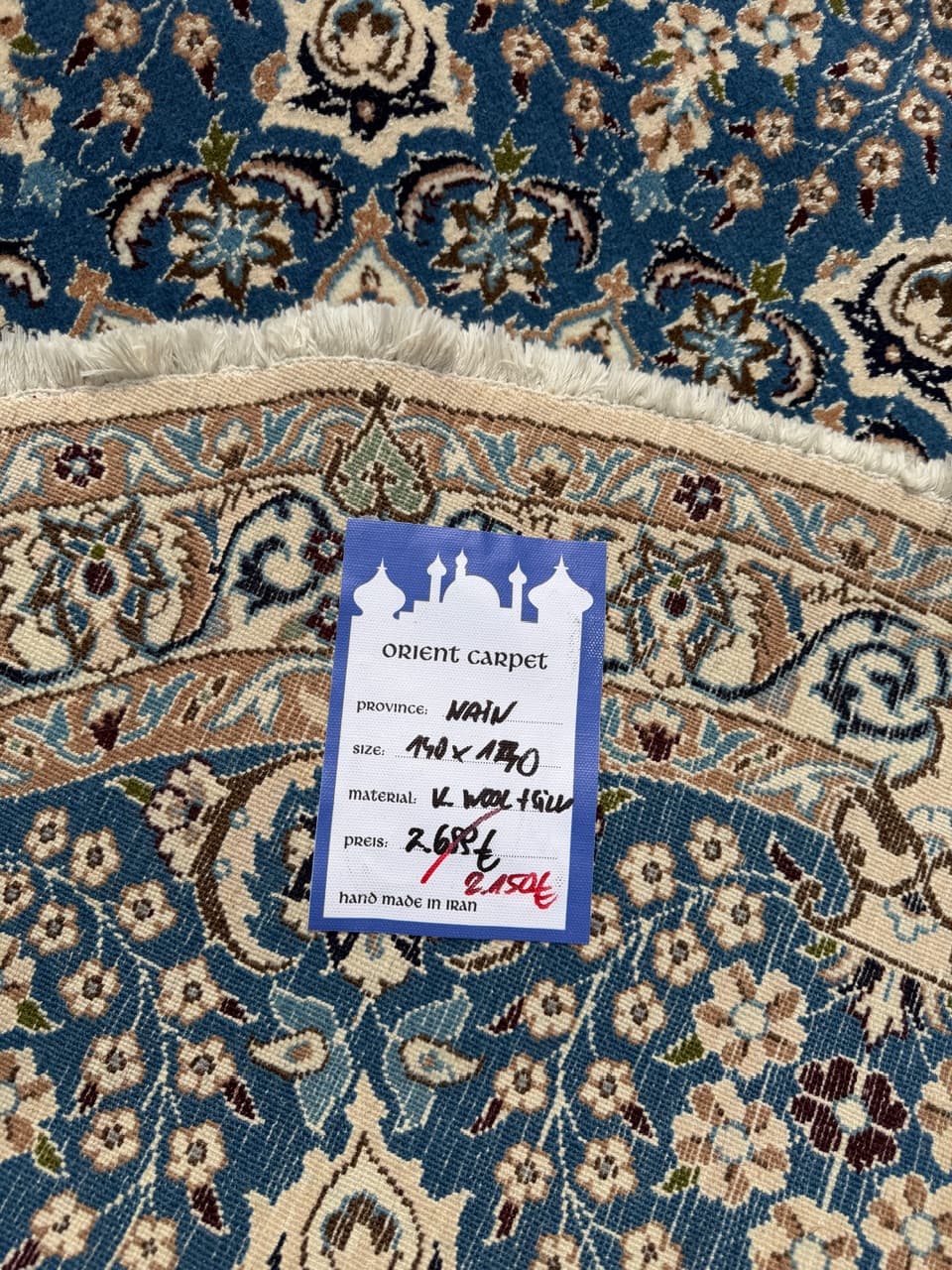 Rug Round Nain 140x140 cm, blue, Kashmiri wool, silk, Iran - 314624