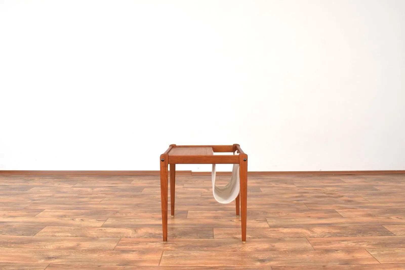 Magazine Rack, brown teak, beige fabric, Furbo, Denmark, 1960s. - 316374