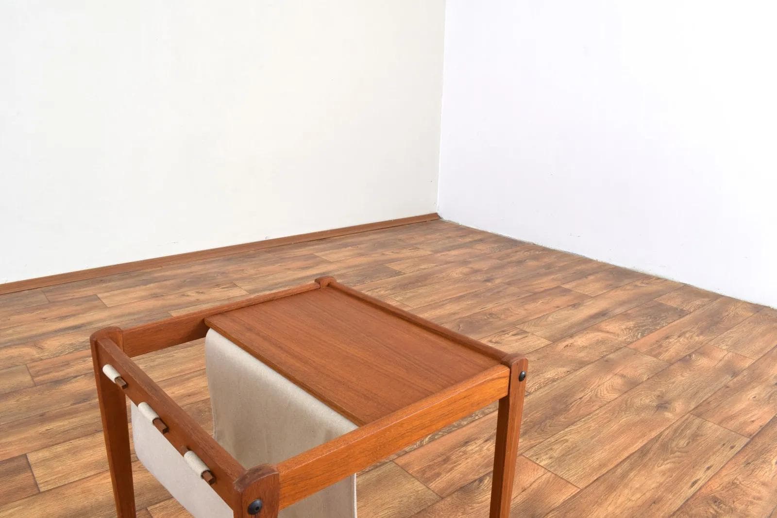 Magazine Rack, brown teak, beige fabric, Furbo, Denmark, 1960s. - 316375