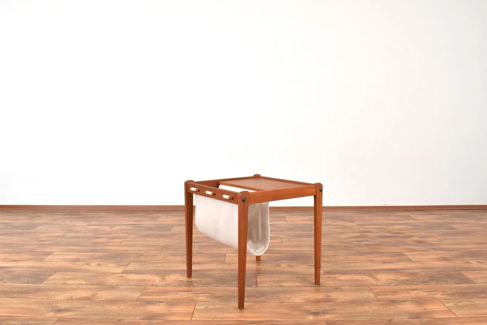 Magazine Rack, brown teak, beige fabric, Furbo, Denmark, 1960s. - 316380