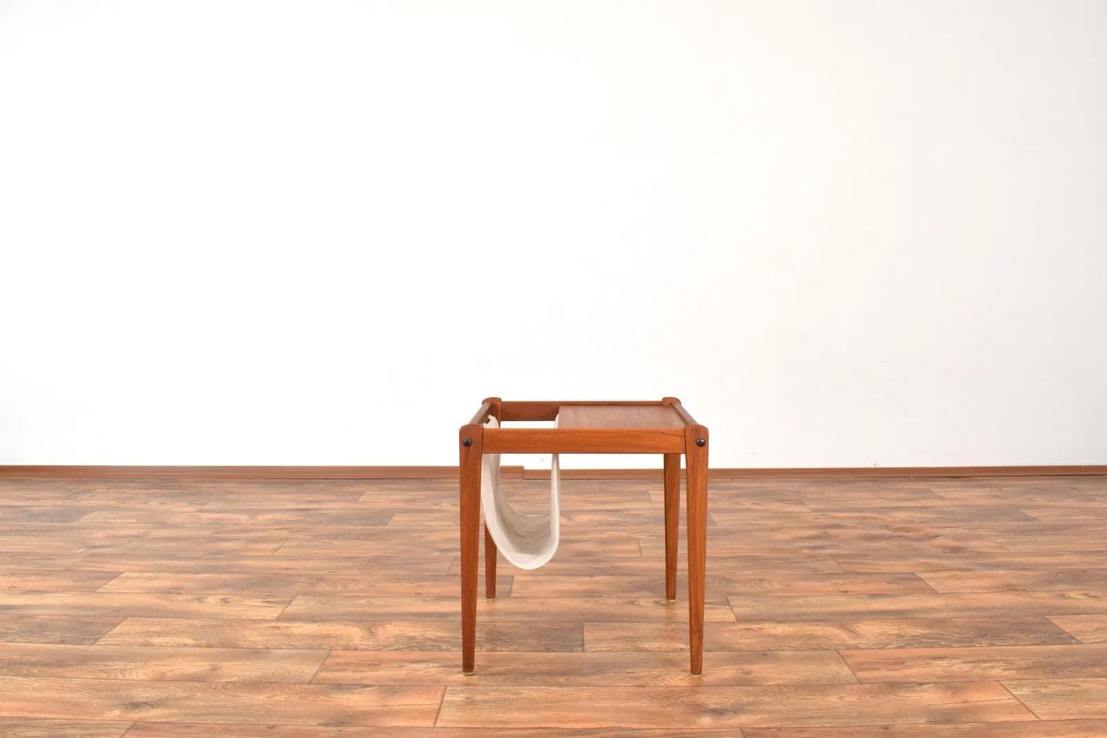 Magazine Rack, brown teak, beige fabric, Furbo, Denmark, 1960s. - 316373