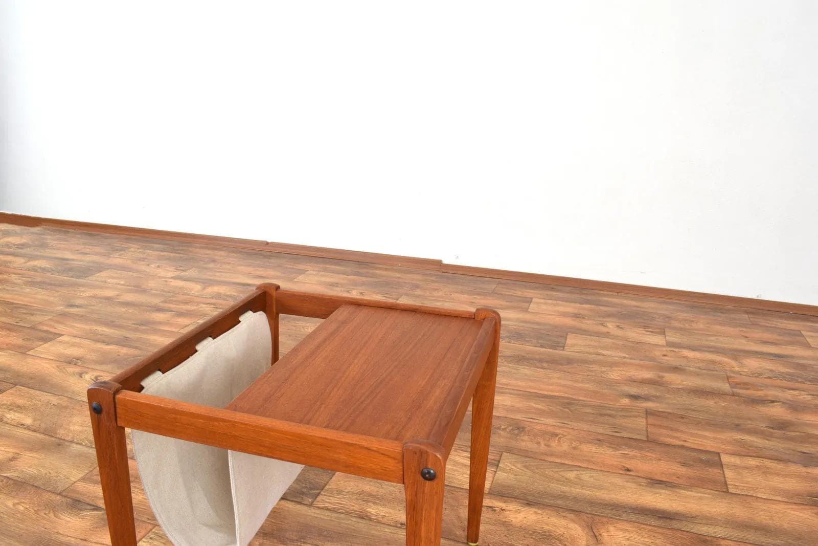Magazine Rack, brown teak, beige fabric, Furbo, Denmark, 1960s. - 316379
