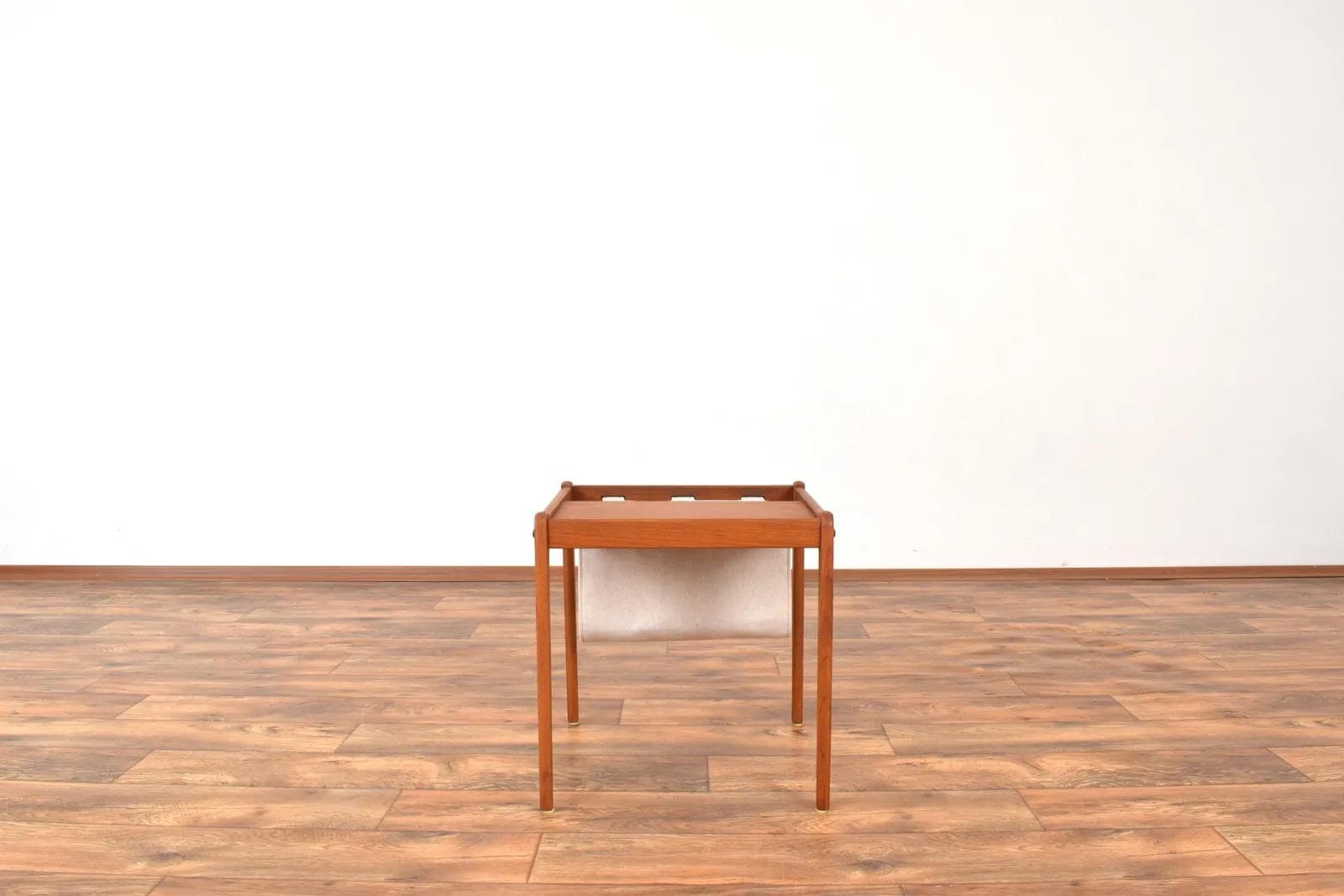 Magazine Rack, brown teak, beige fabric, Furbo, Denmark, 1960s. - 316378