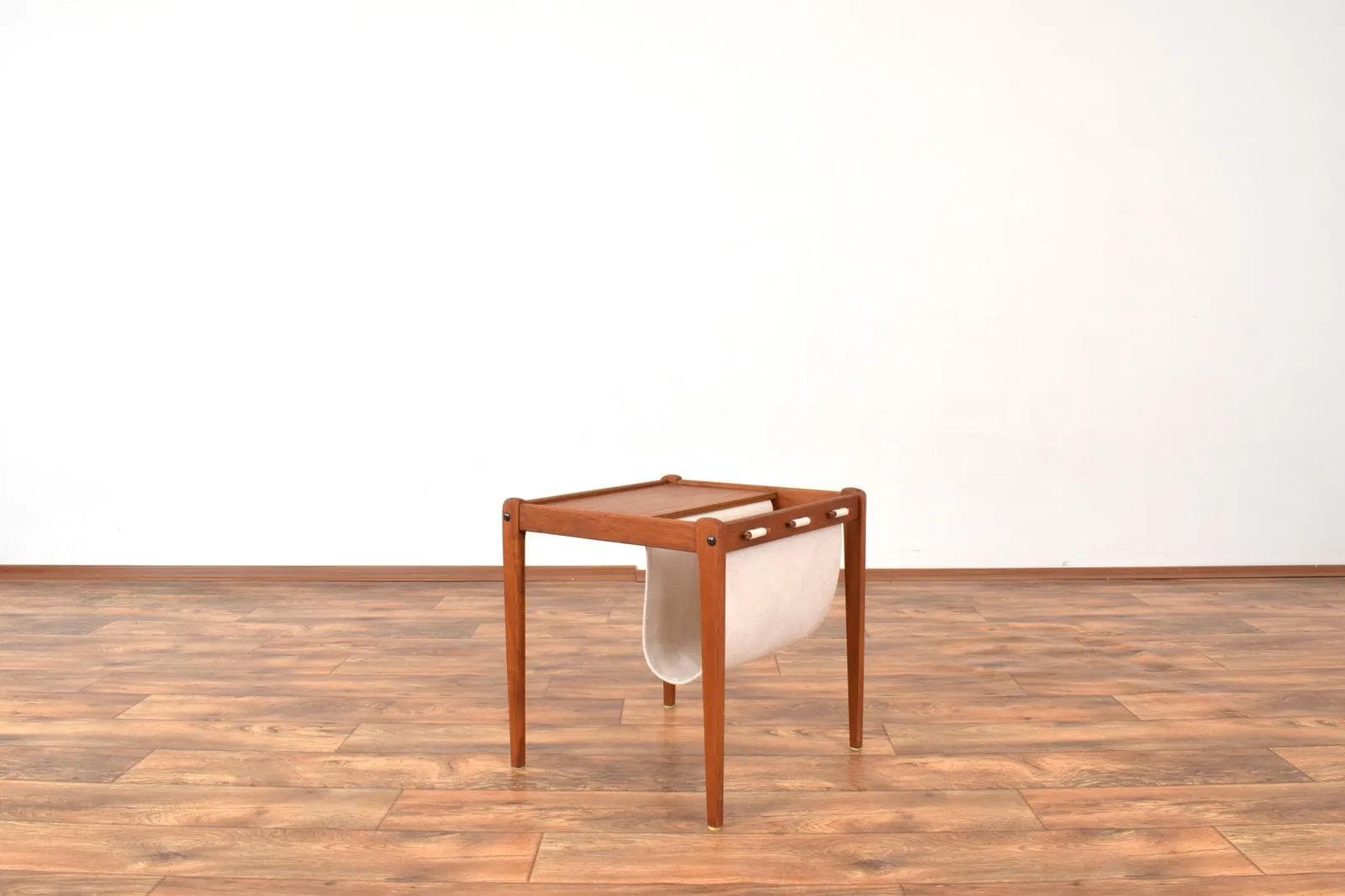 Magazine Rack, brown teak, beige fabric, Furbo, Denmark, 1960s. - 316376
