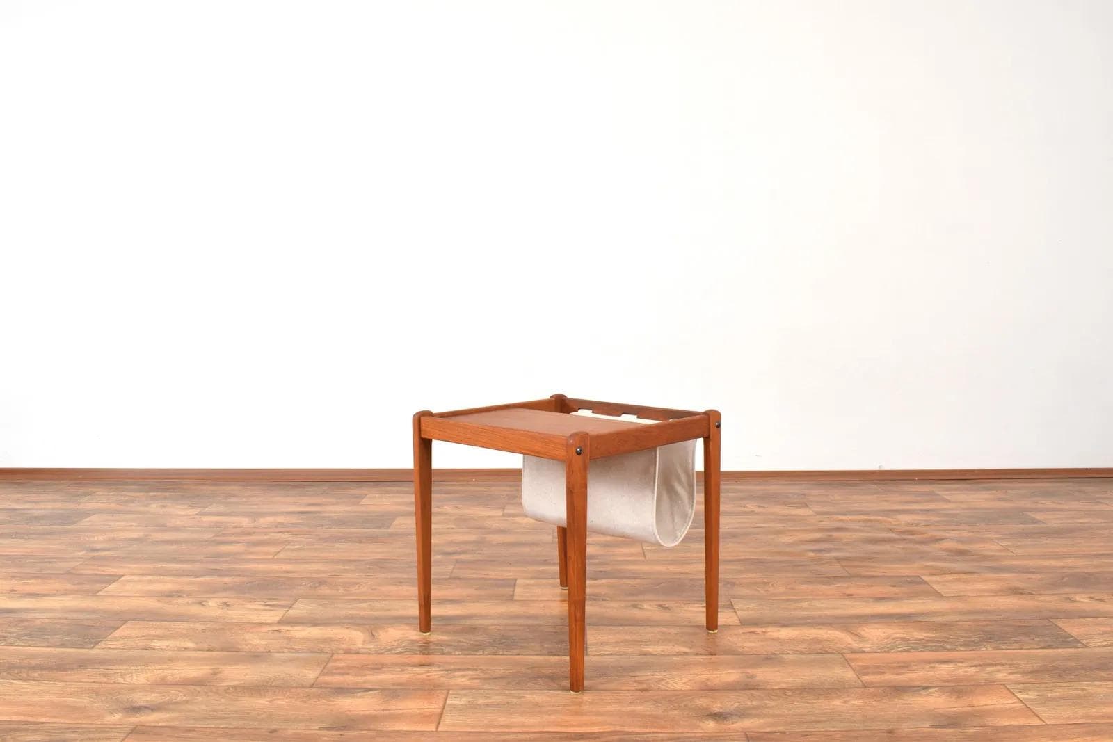 Magazine Rack, brown teak, beige fabric, Furbo, Denmark, 1960s. - 316372