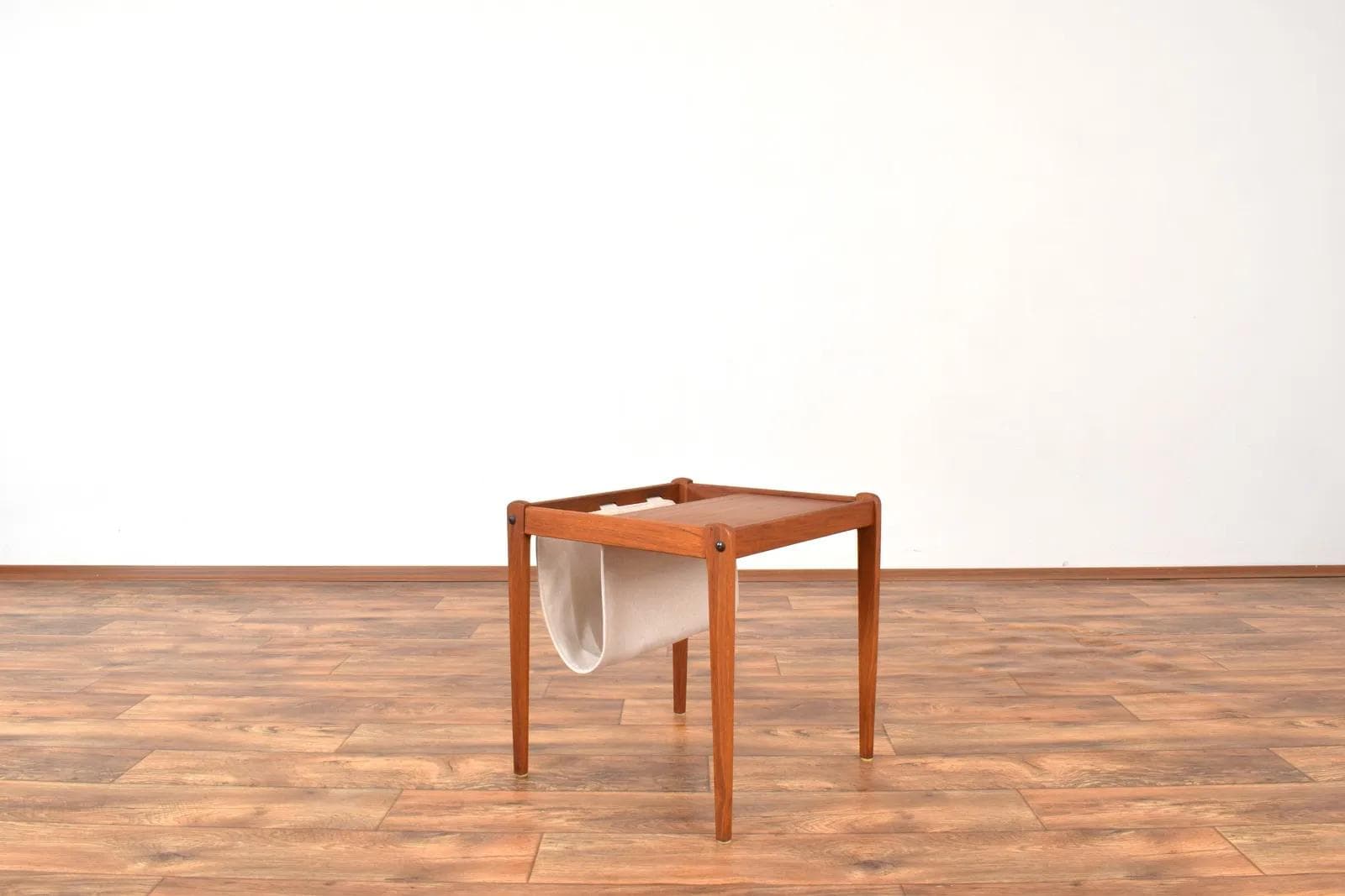 Magazine Rack, brown teak, beige fabric, Furbo, Denmark, 1960s. - 316377