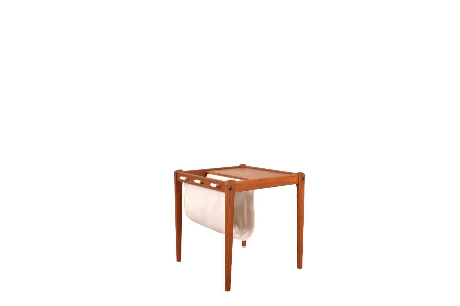 Magazine Rack, brown teak, beige fabric, Furbo, Denmark, 1960s.