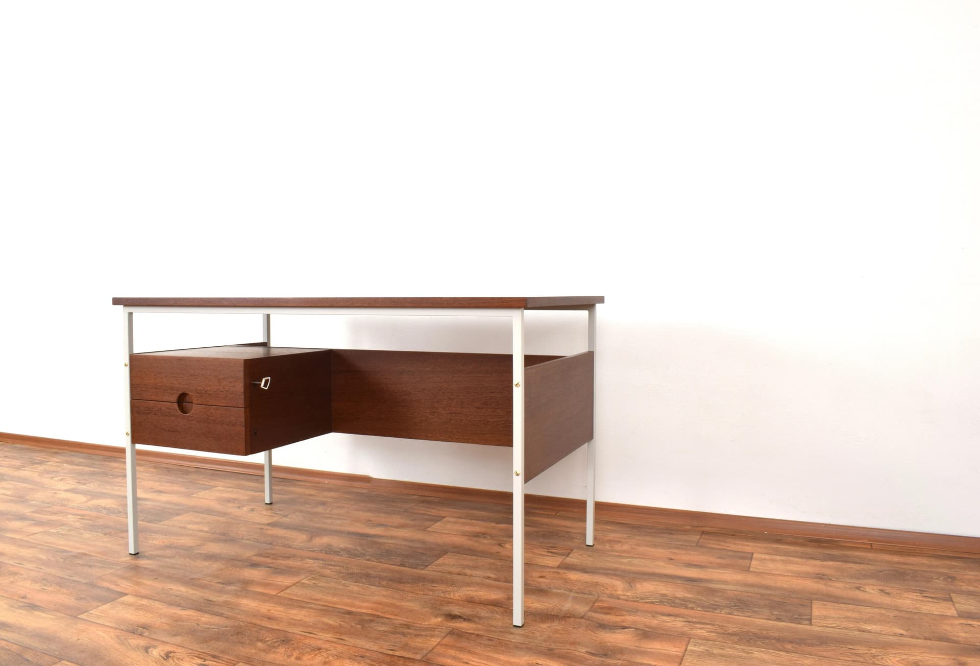 Desk, brown teak, beige-grey metal, Denmark, 1970s - 316368