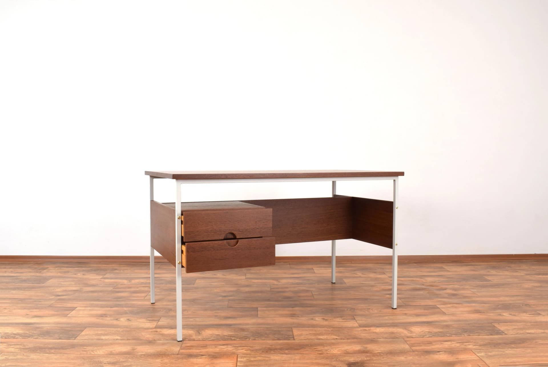 Desk, brown teak, beige-grey metal, Denmark, 1970s - 316367