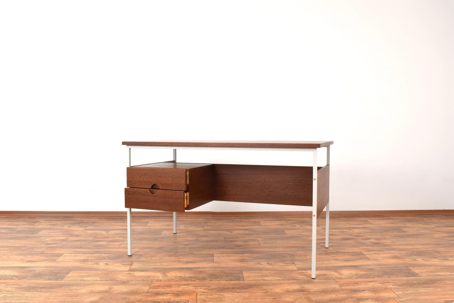 Desk, brown teak, beige-grey metal, Denmark, 1970s - 316370