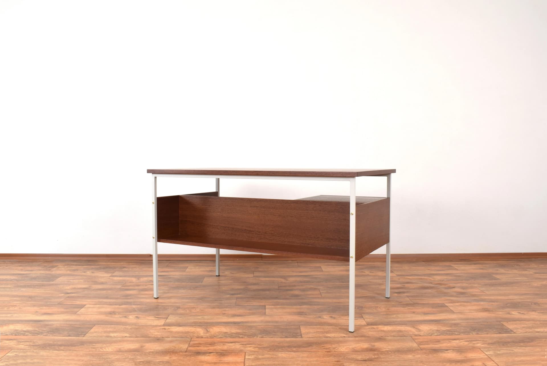 Desk, brown teak, beige-grey metal, Denmark, 1970s - 316366