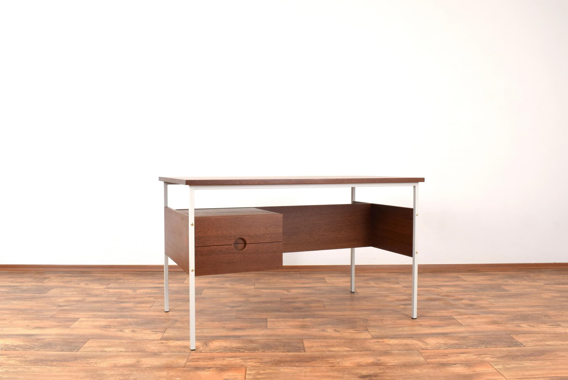 Desk, brown teak, beige-grey metal, Denmark, 1970s - 316369