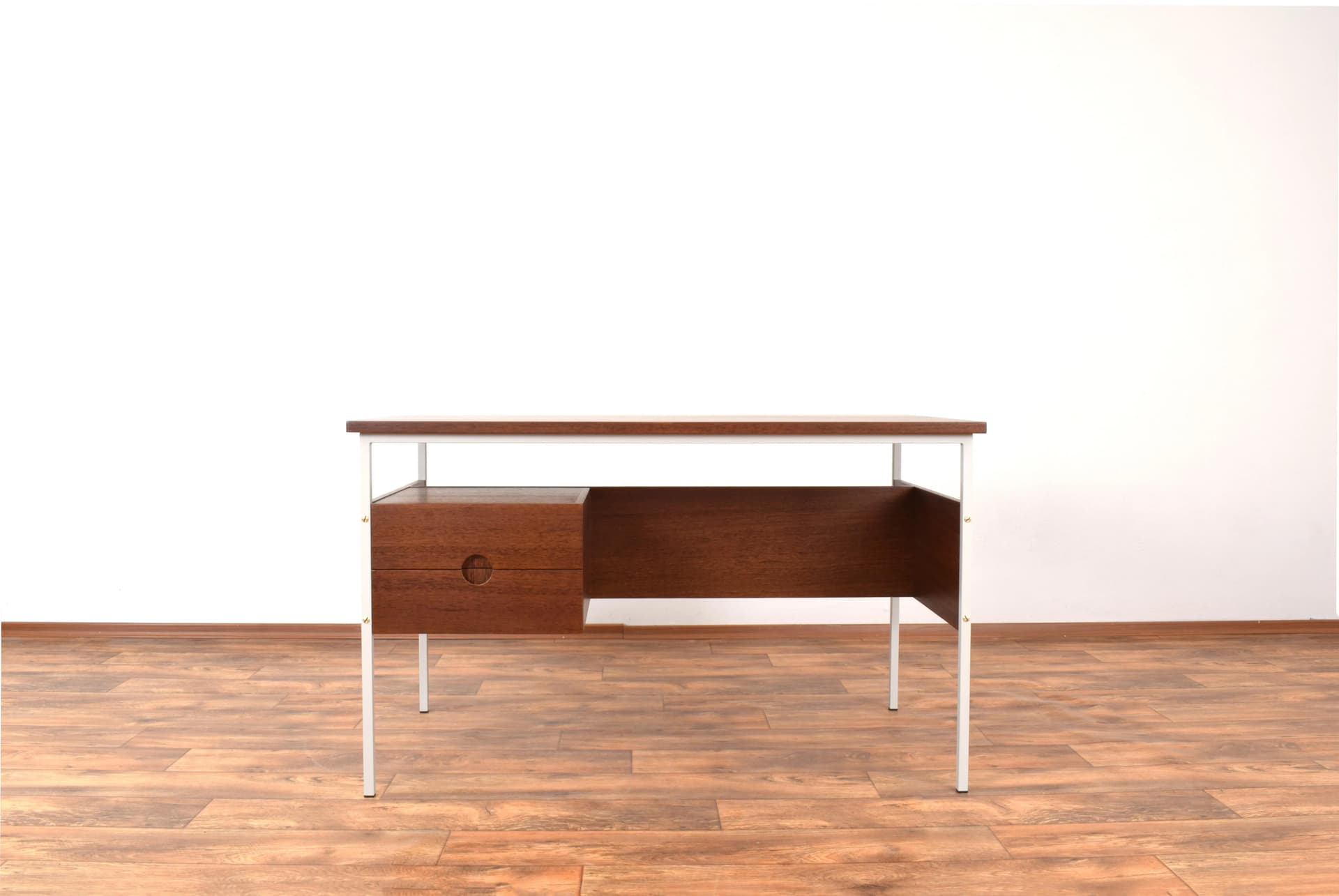Desk, brown teak, beige-grey metal, Denmark, 1970s - 316362