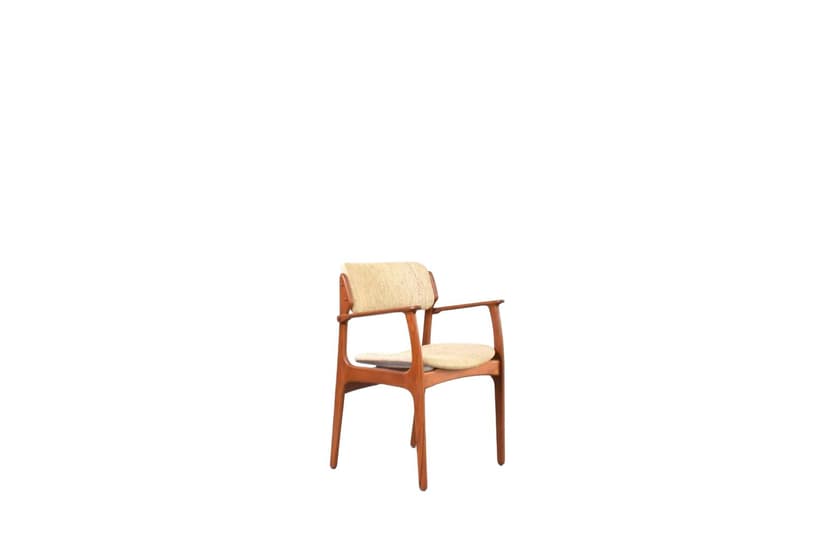 Krzesło model 49, teak brązowy, wełna beżowa, proj. E. Buch, O.D. Møbler, Dania, lata 60.