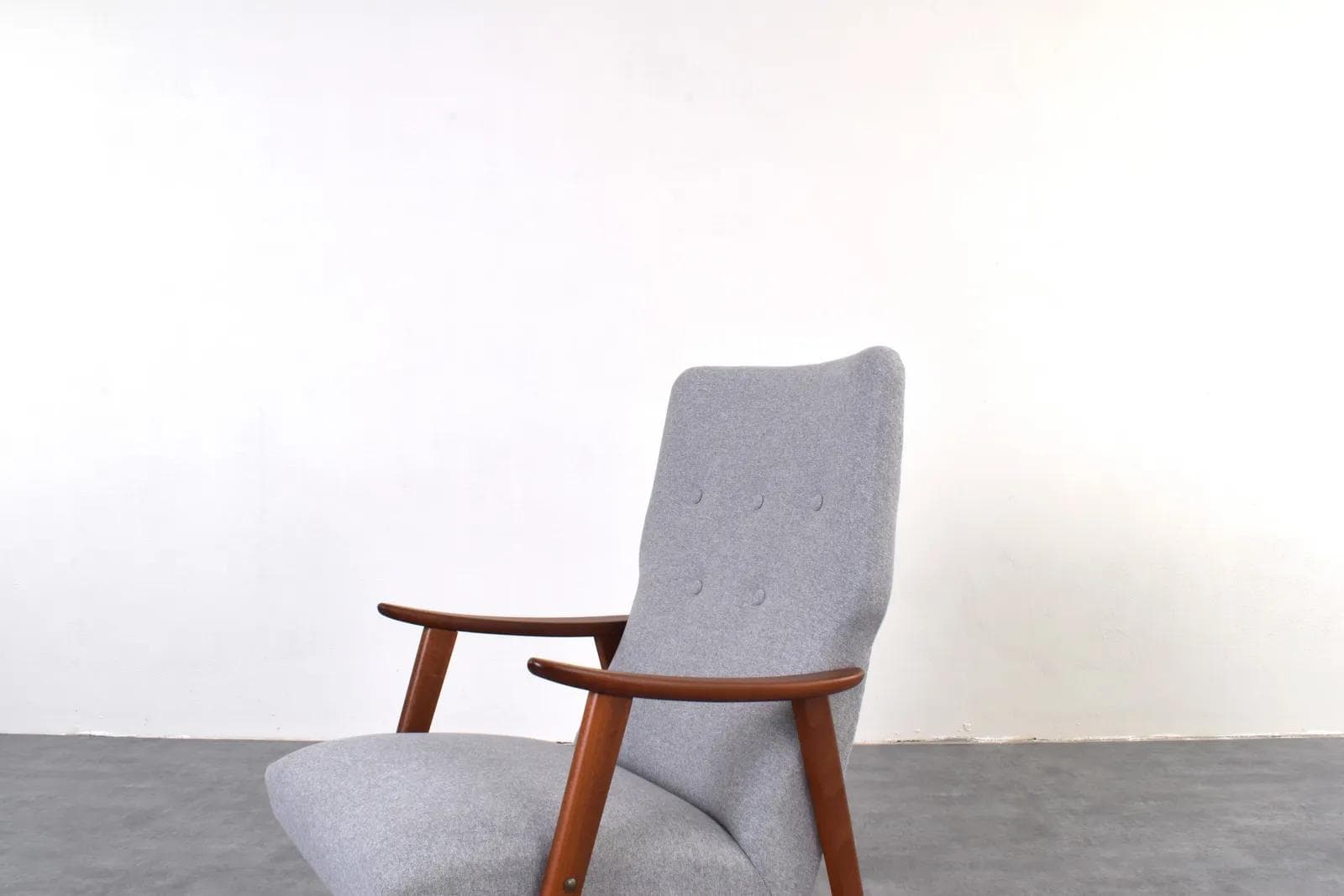 Armchair, brown teak, grey fabric, Denmark, 1960s. - 316333