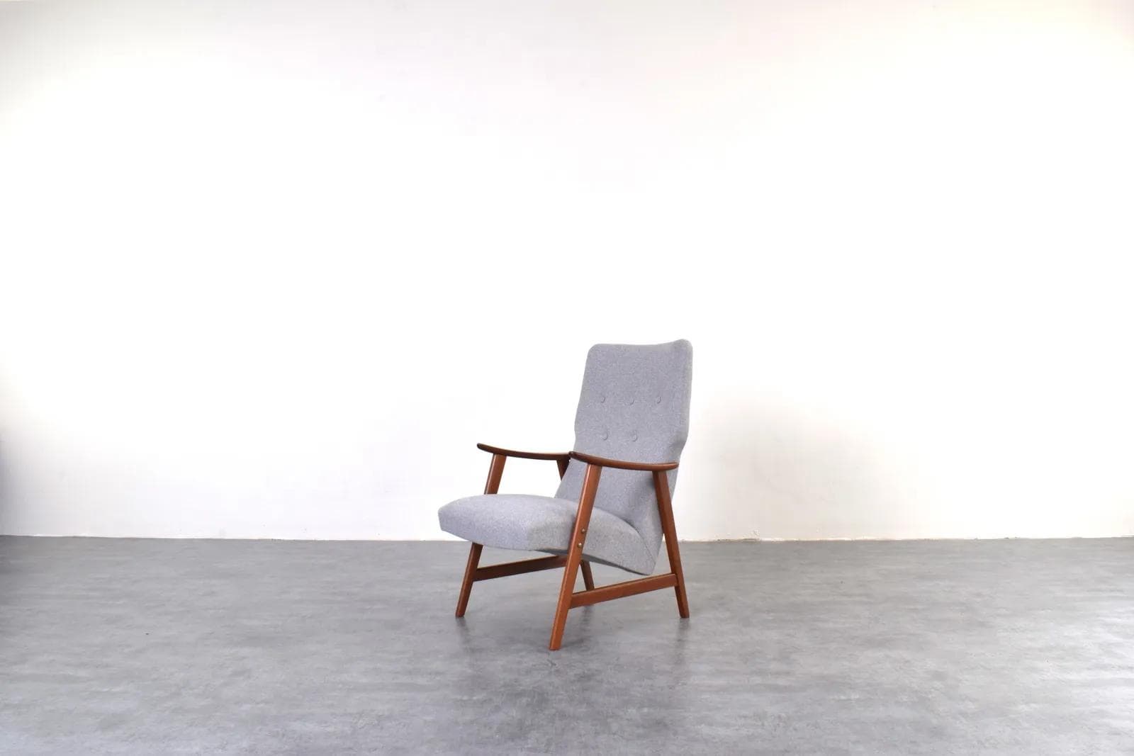 Armchair, brown teak, grey fabric, Denmark, 1960s. - 316331