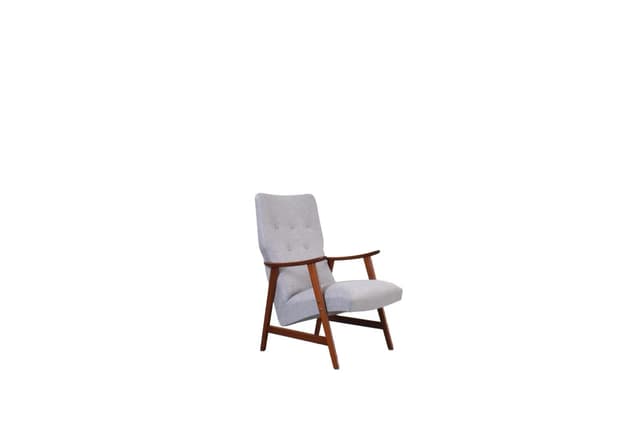 Armchair, brown teak, grey fabric, Denmark, 1960s. - DIMENSION
