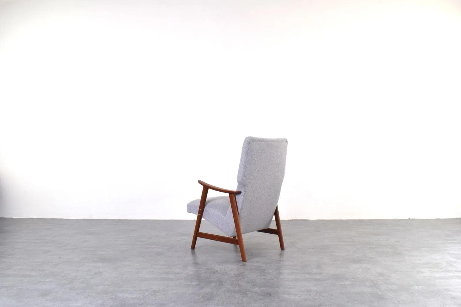 Armchair, brown teak, grey fabric, Denmark, 1960s. - 316332