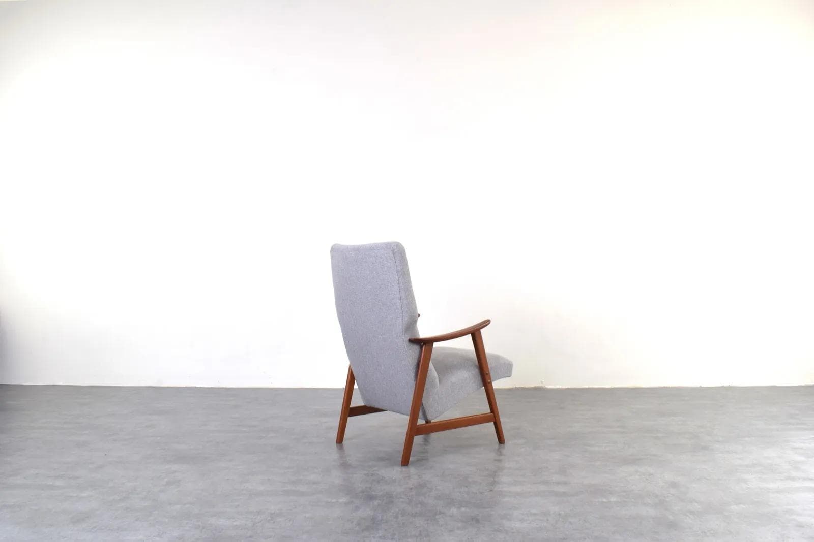 Armchair, brown teak, grey fabric, Denmark, 1960s. - 316334