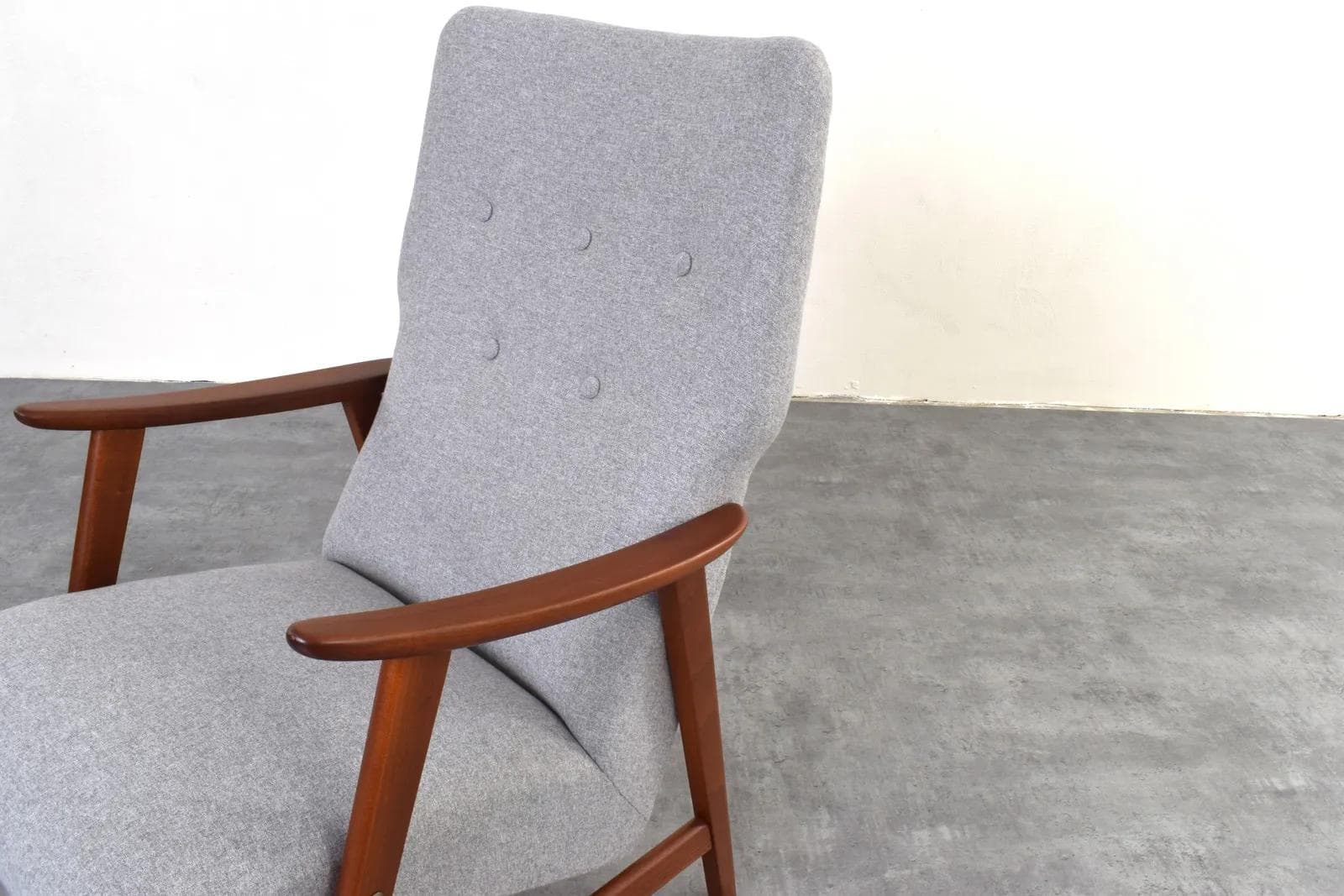 Armchair, brown teak, grey fabric, Denmark, 1960s. - 316337